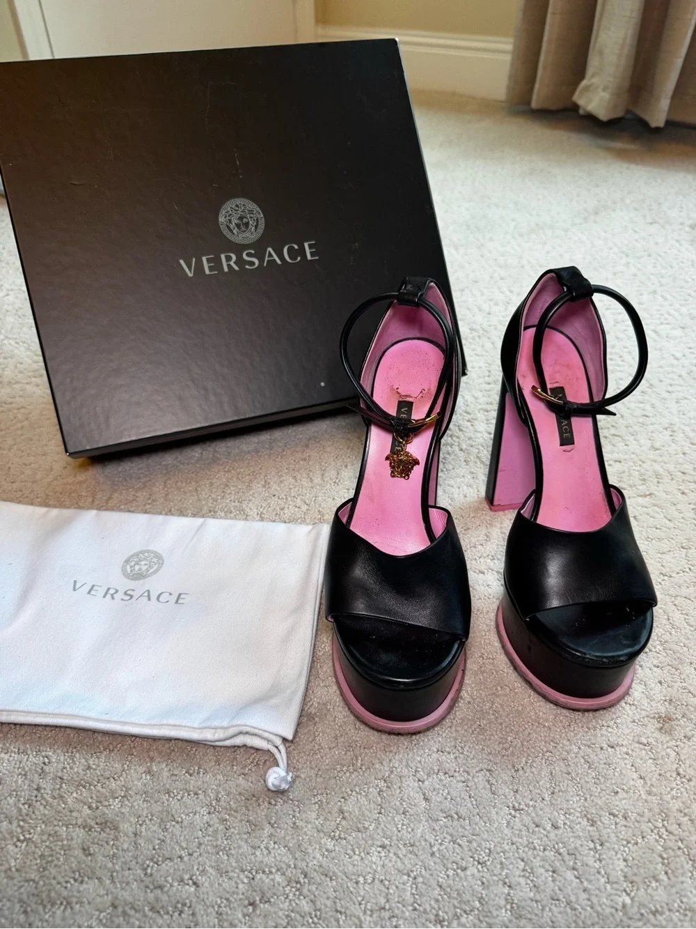 Versace Black Leather Platform Sandals with Medusa Charm & Pink Insoles Size 6